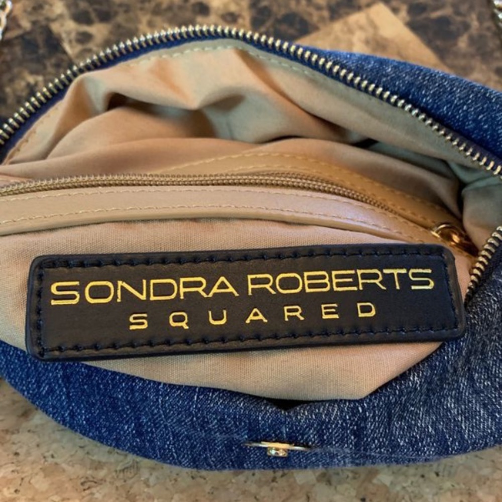 Sondra Roberts squared denim and cork handbag